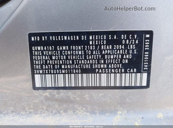 3VW7X7BU9SM011840 2025 VOLKSWAGEN JETTA Silver Engine compartment view