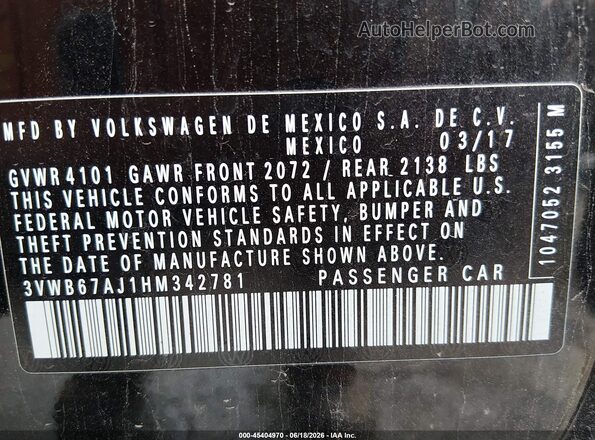 3VWB67AJ1HM342781 2017 VOLKSWAGEN JETTA Black Շարժիչի բաժամունքի տեսք
