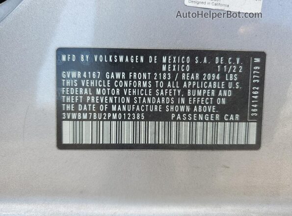 3VWBM7BU2PM012385 2023 VOLKSWAGEN JETTA Silver VIN sticker view