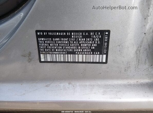 3VWC57BU0MM006887 2021 VOLKSWAGEN JETTA Серебряный Вид подкапотного пространства