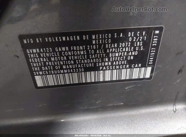 3VWC57BU0MM043230 2021 VOLKSWAGEN JETTA Gray 