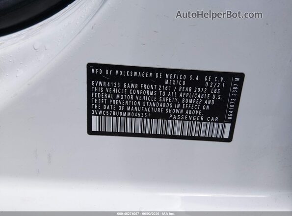 3VWC57BU0MM045351 2021 VOLKSWAGEN JETTA White Вид підкапотного простору