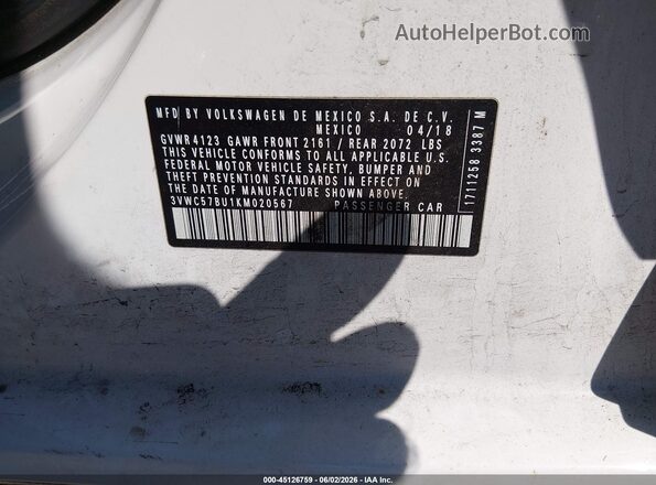 3VWC57BU1KM020567 2019 VOLKSWAGEN JETTA White Շարժիչի բաժամունքի տեսք