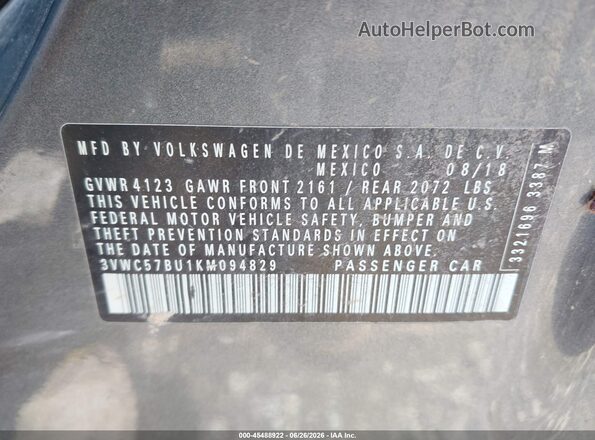 3VWC57BU1KM094829 2019 VOLKSWAGEN JETTA Gray Widok komory silnika