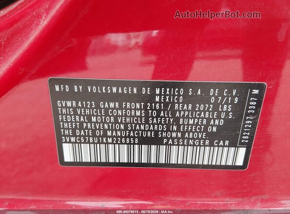3VWC57BU1KM226858 2019 VOLKSWAGEN JETTA Red Вид підкапотного простору