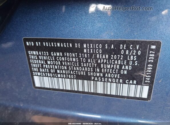 3VWC57BU1LM087607 2020 VOLKSWAGEN JETTA Blue Вид підкапотного простору
