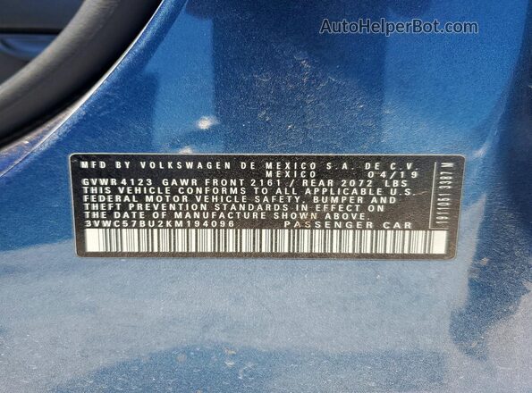 3VWC57BU2KM194096 2019 VOLKSWAGEN JETTA Синий 