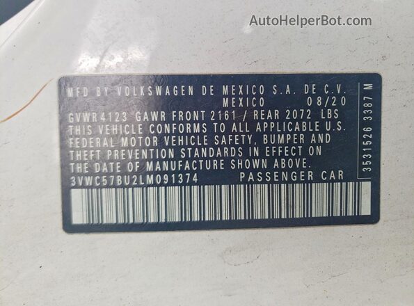3VWC57BU2LM091374 2020 VOLKSWAGEN JETTA White 