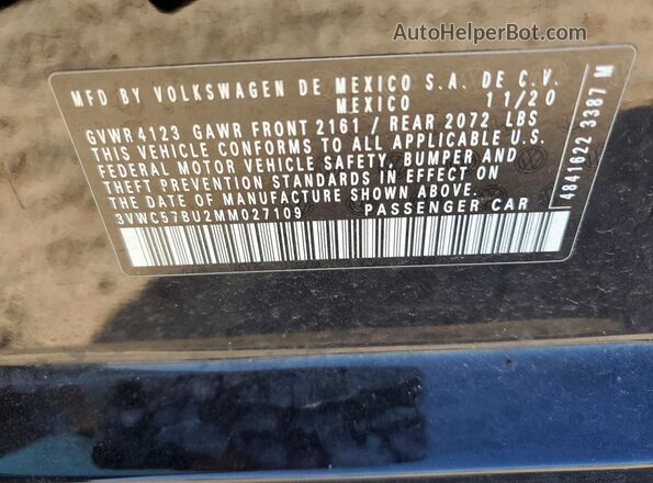 3VWC57BU2MM027109 2021 VOLKSWAGEN JETTA Black VIN კოდის სტიკერის ხედი