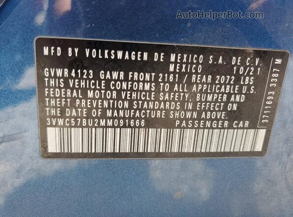 3VWC57BU2MM091666 2021 VOLKSWAGEN JETTA Blue VIN կոդի պիտակի տեսք