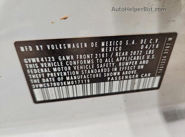 3VWC57BU3KM017119 2019 VOLKSWAGEN JETTA White 