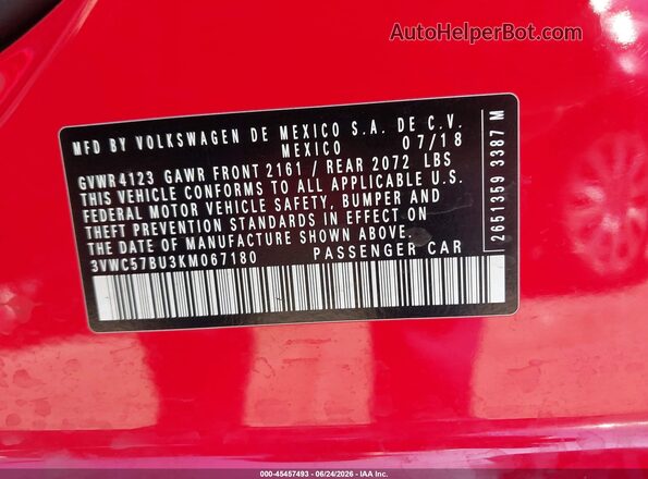 3VWC57BU3KM067180 2019 VOLKSWAGEN JETTA Red Engine compartment view
