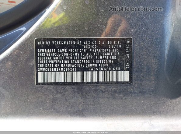 3VWC57BU3KM085243 2019 VOLKSWAGEN JETTA Gray Widok komory silnika