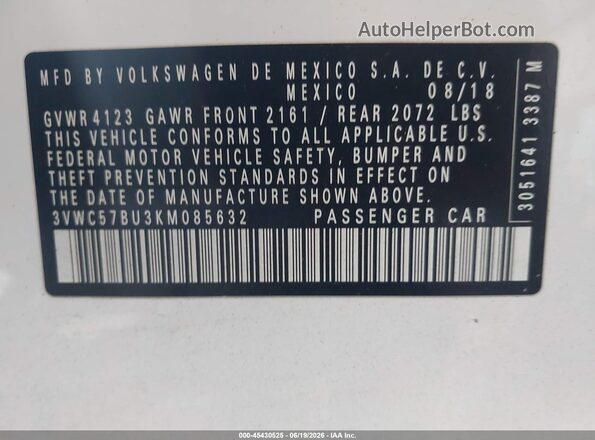 3VWC57BU3KM085632 2019 VOLKSWAGEN JETTA White ძრავის განყოფილების ხედი