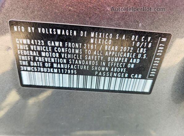 3VWC57BU3KM117995 2019 VOLKSWAGEN JETTA Gray 