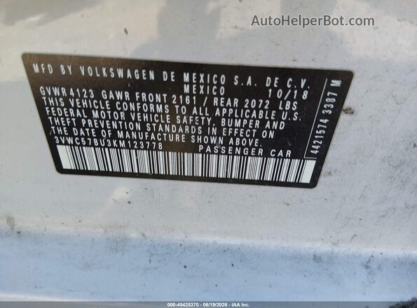 3VWC57BU3KM123778 2019 VOLKSWAGEN JETTA Gray ძრავის განყოფილების ხედი