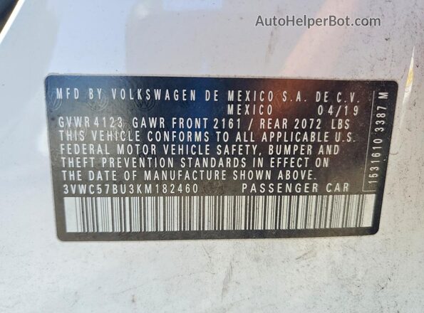 3VWC57BU3KM182460 2019 VOLKSWAGEN JETTA White Вид підкапотного простору
