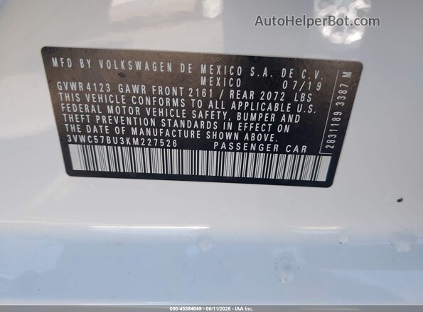 3VWC57BU3KM227526 2019 VOLKSWAGEN JETTA Белый Вид подкапотного пространства