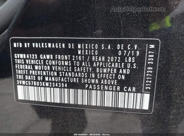 3VWC57BU3KM234394 2019 VOLKSWAGEN JETTA Black Вид підкапотного простору