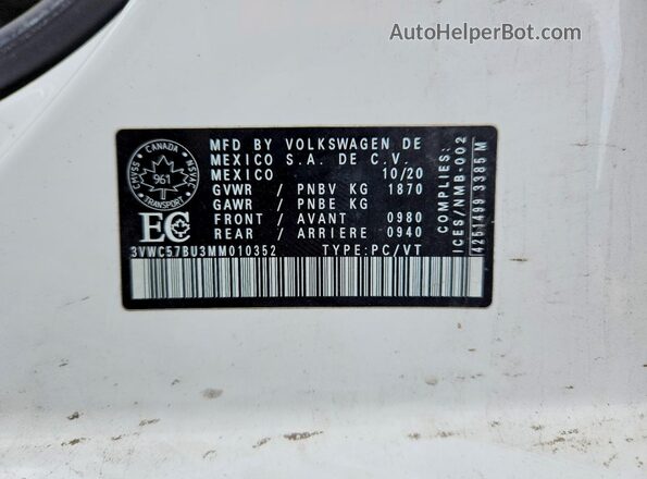 3VWC57BU3MM010352 2021 VOLKSWAGEN JETTA White Widok naklejki z numerem VIN