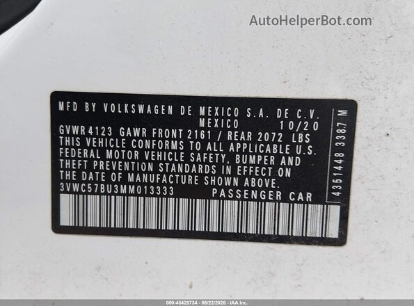 3VWC57BU3MM013333 2021 VOLKSWAGEN JETTA Белый Вид подкапотного пространства