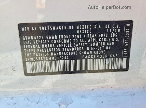 3VWC57BU3MM018242 2021 VOLKSWAGEN JETTA White 