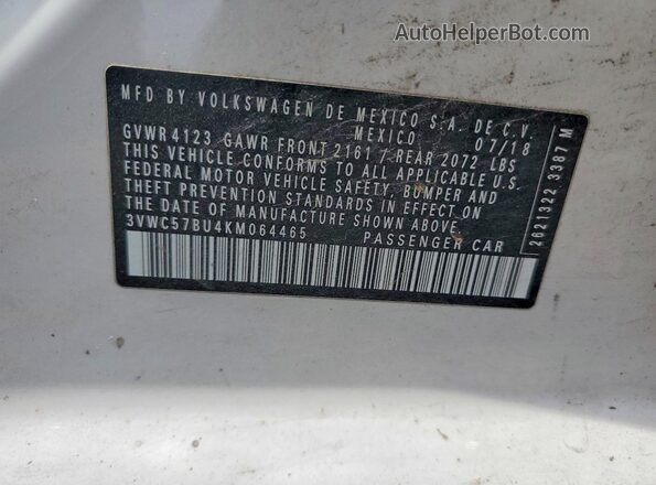 3VWC57BU4KM064465 2019 VOLKSWAGEN JETTA White Widok naklejki z numerem VIN
