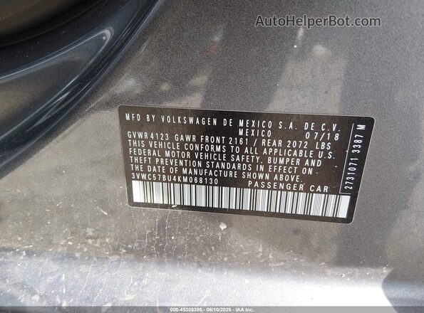 3VWC57BU4KM068130 2019 VOLKSWAGEN JETTA Gray ძრავის განყოფილების ხედი