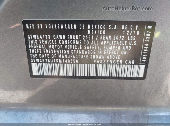 3VWC57BU4KM140556 2019 VOLKSWAGEN JETTA Gray ძრავის განყოფილების ხედი