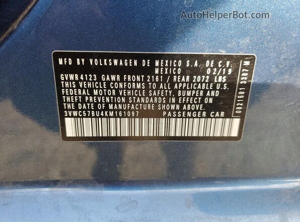 3VWC57BU4KM161097 2019 VOLKSWAGEN JETTA Blue ძრავის განყოფილების ხედი