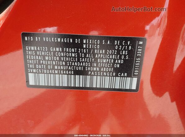 3VWC57BU4KM164646 2019 VOLKSWAGEN JETTA Orange ძრავის განყოფილების ხედი