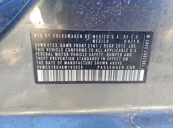 3VWC57BU4KM193029 2019 VOLKSWAGEN JETTA Gray Շարժիչի բաժամունքի տեսք
