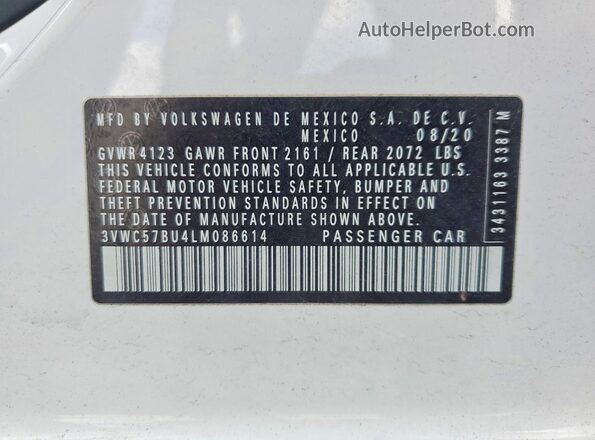 3VWC57BU4LM086614 2020 VOLKSWAGEN JETTA White VIN կոդի պիտակի տեսք