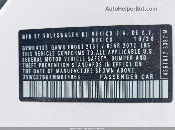 3VWC57BU4MM014068 2021 VOLKSWAGEN JETTA White Widok komory silnika