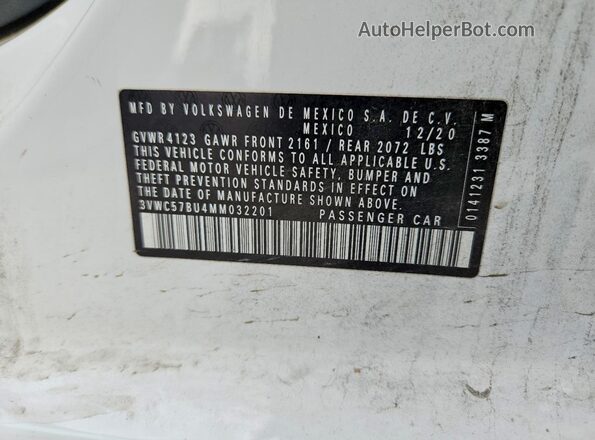 3VWC57BU4MM032201 2021 VOLKSWAGEN JETTA Белый 