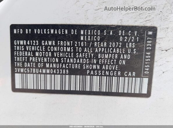 3VWC57BU4MM043389 2021 VOLKSWAGEN JETTA Белый Вид подкапотного пространства