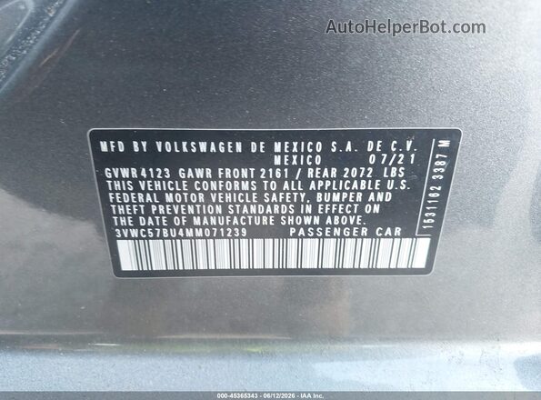 3VWC57BU4MM071239 2021 VOLKSWAGEN JETTA Gray ძრავის განყოფილების ხედი