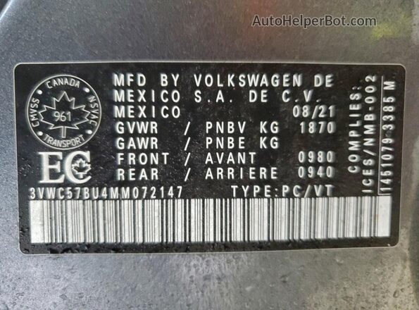 3VWC57BU4MM072147 2021 VOLKSWAGEN JETTA Gray Вид наклейки з VIN-кодом
