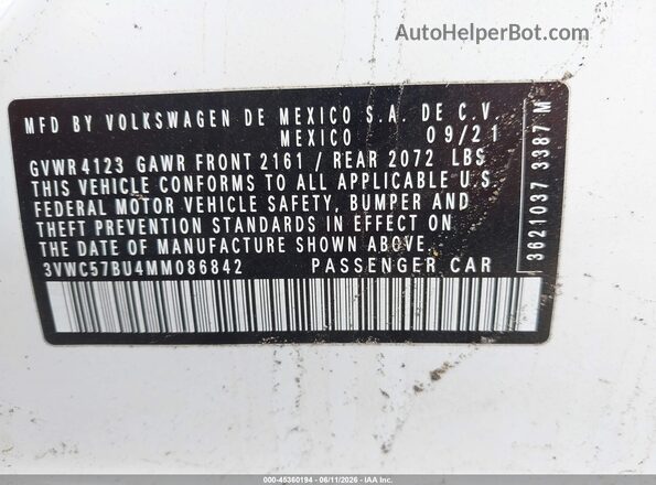 3VWC57BU4MM086842 2021 VOLKSWAGEN JETTA White ძრავის განყოფილების ხედი