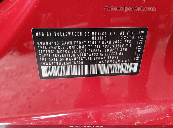 3VWC57BU5KM005909 2019 VOLKSWAGEN JETTA Red Շարժիչի բաժամունքի տեսք