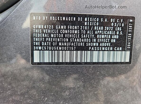 3VWC57BU5KM007157 2019 VOLKSWAGEN JETTA Gray Вид підкапотного простору