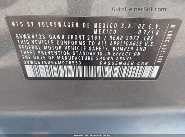 3VWC57BU5KM078553 2019 VOLKSWAGEN JETTA Gray Engine compartment view