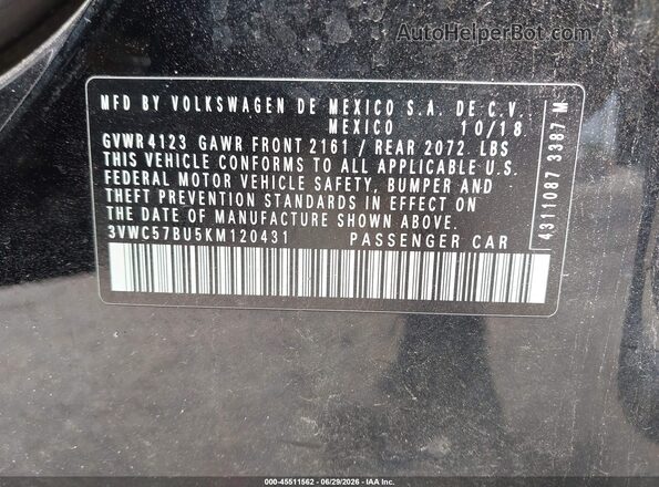 3VWC57BU5KM120431 2019 VOLKSWAGEN JETTA Black Widok komory silnika