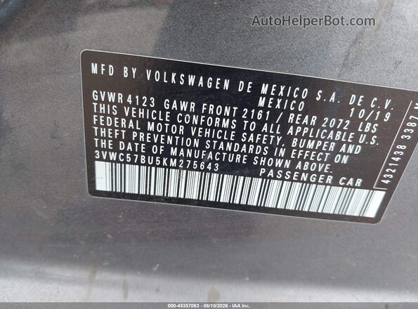3VWC57BU5KM275643 2019 VOLKSWAGEN JETTA Gray Вид підкапотного простору