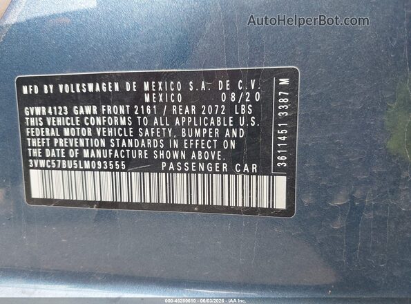 3VWC57BU5LM093555 2020 VOLKSWAGEN JETTA Blue Engine compartment view