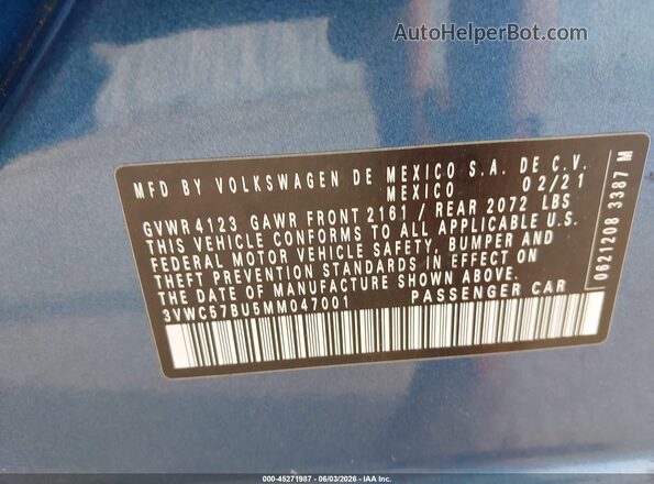 3VWC57BU5MM047001 2021 VOLKSWAGEN JETTA Blue ძრავის განყოფილების ხედი