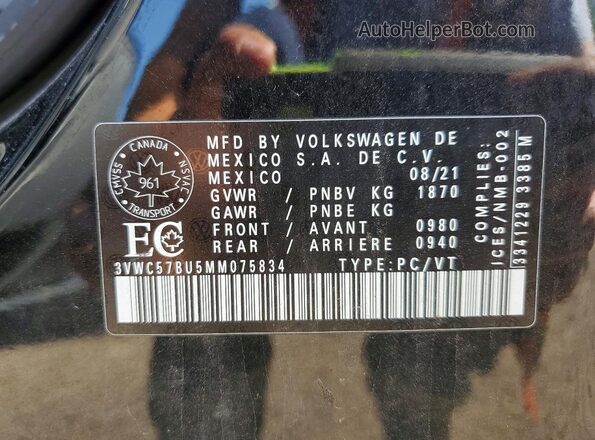 3VWC57BU5MM075834 2021 VOLKSWAGEN JETTA Black Вид наклейки з VIN-кодом