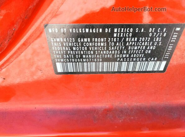 3VWC57BU6KM071630 2019 VOLKSWAGEN JETTA Orange Вид підкапотного простору