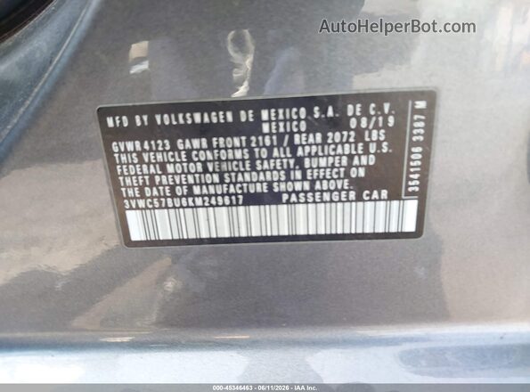 3VWC57BU6KM249617 2019 VOLKSWAGEN JETTA Серый Вид подкапотного пространства