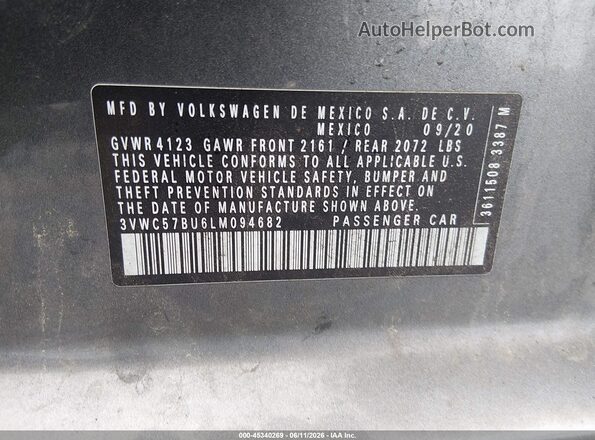 3VWC57BU6LM094682 2020 VOLKSWAGEN JETTA Gray Շարժիչի բաժամունքի տեսք